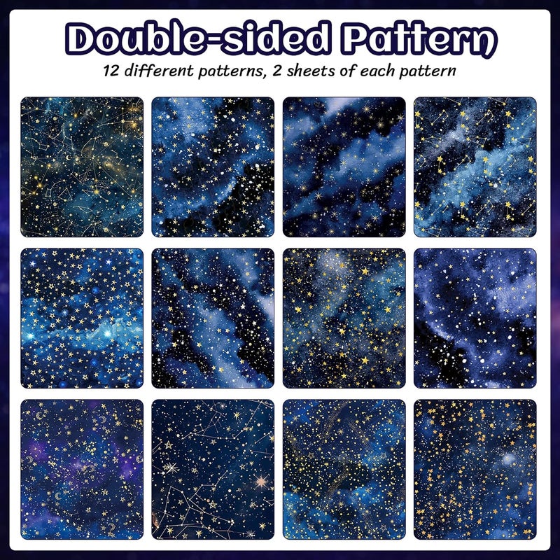Feivando 24 Sheets Galaxy Scrapbook Paper 12'' × 12'' Double-Sided Starry Sky Pattern Paper Blue Space Decorative Decoupage Cardstock for DIY Crafts Making Scrapbook Supplies - Image 3